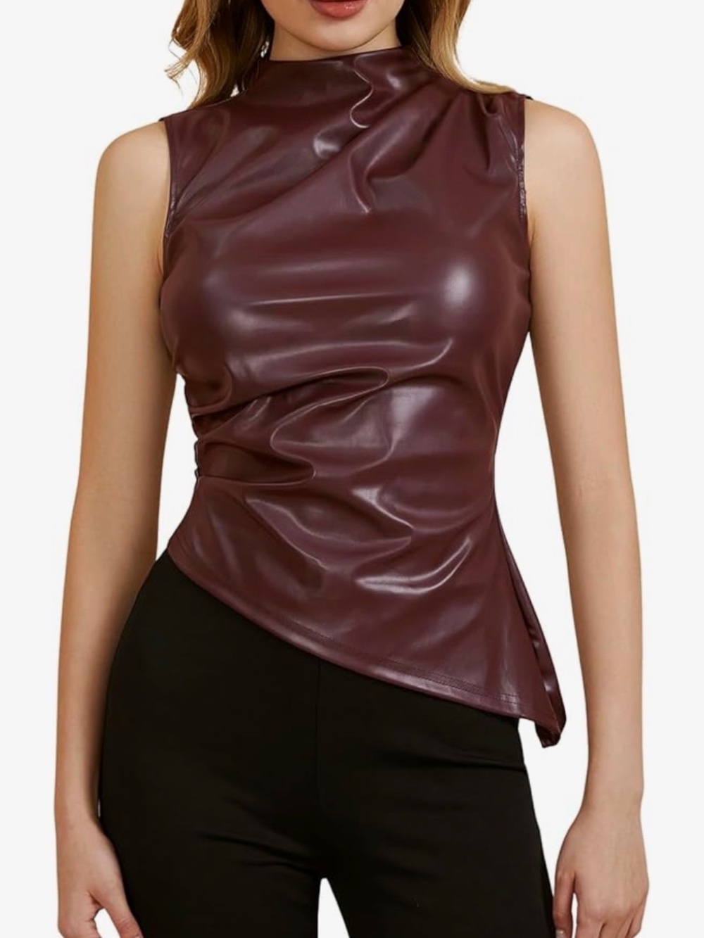 Sleeveless Faux Leather Asymmetric Top - Wine